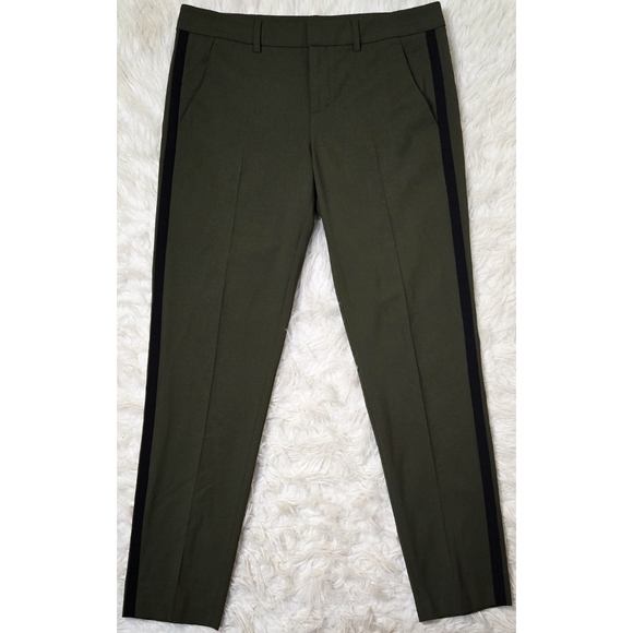 Vince Wool Dress Pants Tapered Olive Green Black Racing Stripe Office Work Suit - Picture 1 of 4